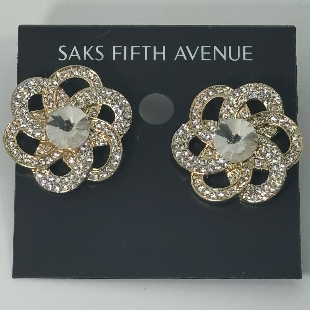 Saks Fifth Ave Gold Tone Flower Crystal Post
